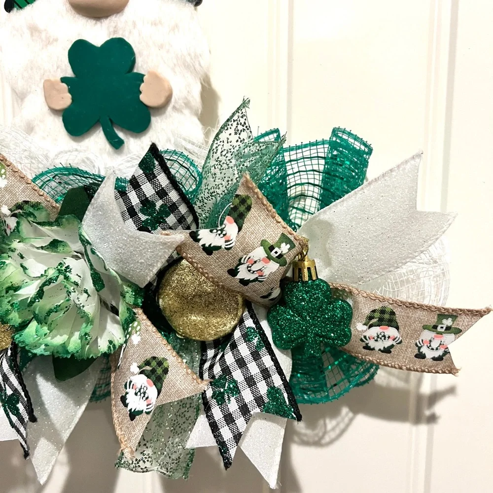 12 inch St. Pats Shamrock Gnome Ribbon, Clay Wreath Rail Handmade/ Painted SPGR1